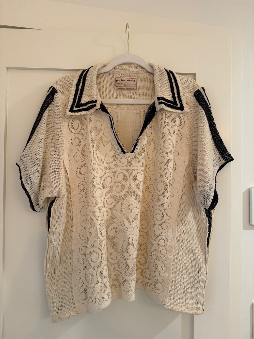 We The Free Cream Short Sleeve Knit Polo with Black Trim